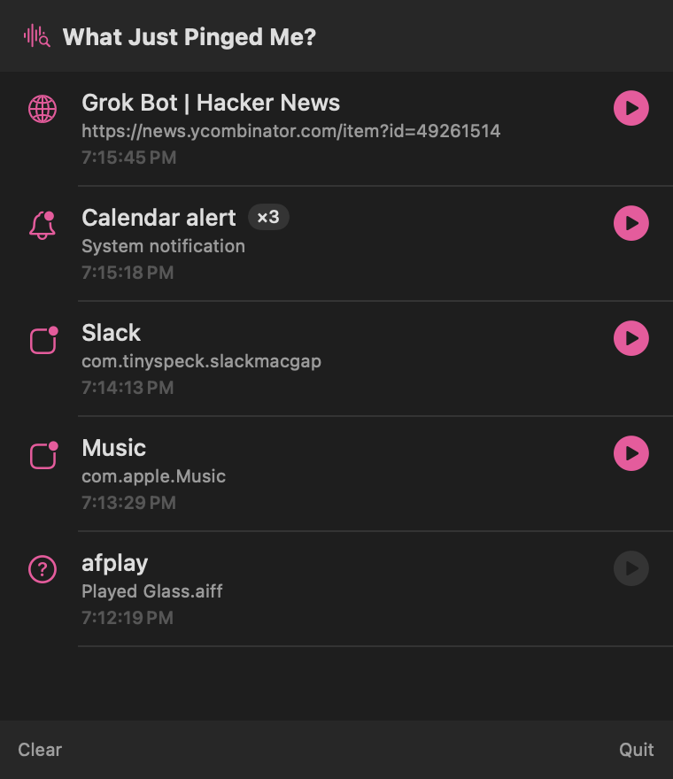 The app's menu bar window listing recent sounds and what played them